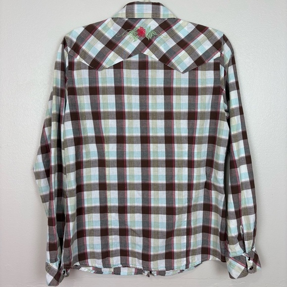 Shyanne Cotton Western Snap Front Brown Plaid Shirt Sz L Floral Embroidery Rodeo - Picture 15 of 17